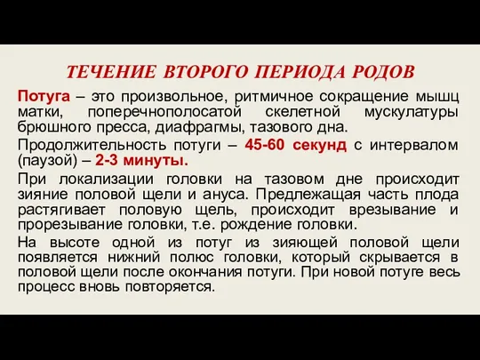 ТЕЧЕНИЕ ВТОРОГО ПЕРИОДА РОДОВ Потуга – это произвольное, ритмичное сокращение