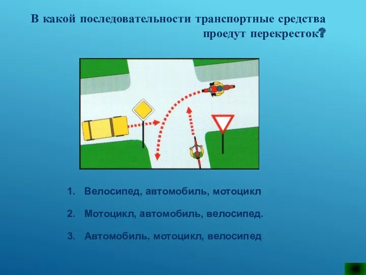 В какой последовательности транспортные средства проедут перекресток? Велосипед, автомобиль, мотоцикл Мотоцикл, автомобиль, велосипед. Автомобиль, мотоцикл, велосипед