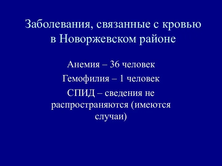 Анемия – 36 человек Гемофилия – 1 человек СПИД –