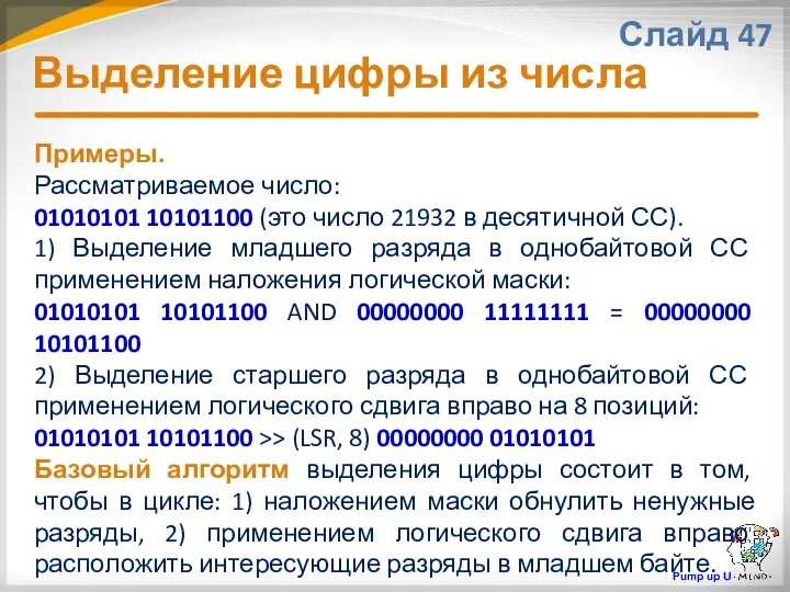 Выделение цифры из числа Слайд 47 Примеры. Рассматриваемое число: 01010101