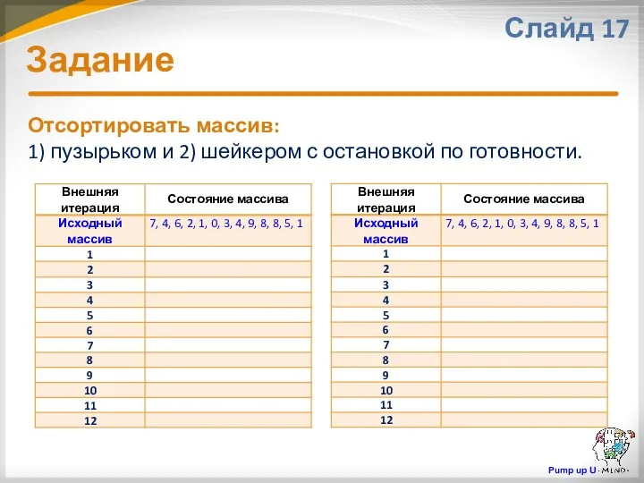 Задание Слайд 17 Отсортировать массив: 1) пузырьком и 2) шейкером