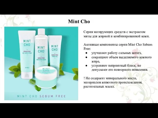 Mint Cho Серия матирующих средств с экстрактом мяты для жирной и комбинированной кожи.