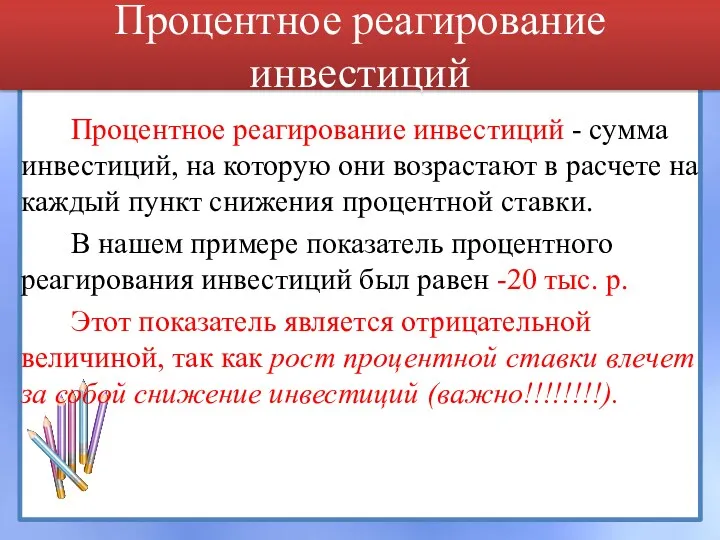 Процентное реагирование инвестиций Процентное реагирование инвестиций - сумма инвестиций, на