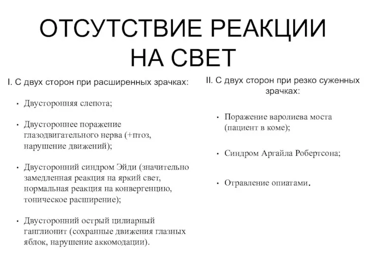 ОТСУТСТВИЕ РЕАКЦИИ НА СВЕТ I. С двух сторон при расширенных