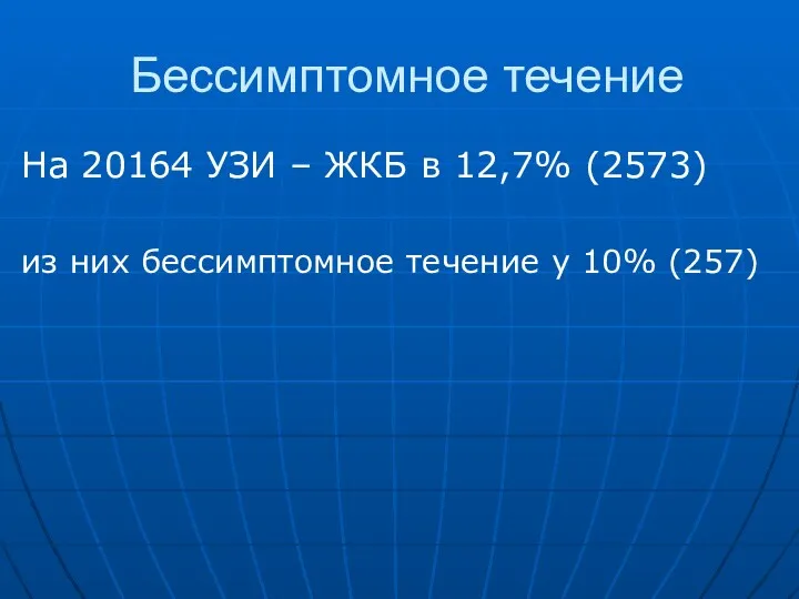 Бессимптомное течение На 20164 УЗИ – ЖКБ в 12,7% (2573)