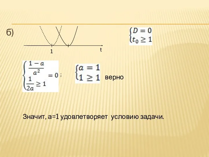 б) 1 t ; верно Значит, а=1 удовлетворяет условию задачи.