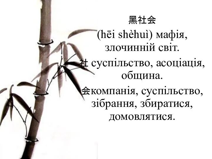 黑社会 (hēi shèhuì) мафія, злочинній світ. 社 суспільство, асоціація, община. 会компанія, суспільство, зібрання, збиратися, домовлятися.