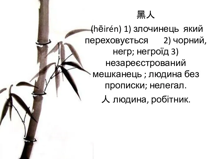 黑人 (hēirén) 1) злочинець який переховується 2) чорний, негр; негроїд