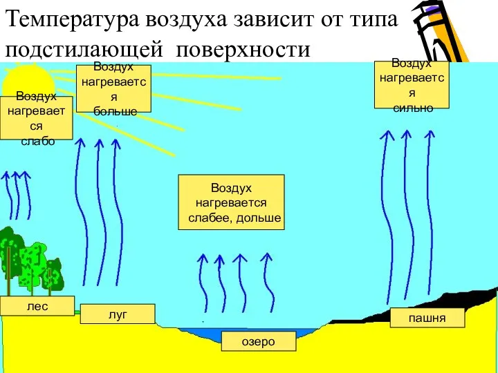 лес луг Воздух нагревается слабо Воздух нагревается больше озеро пашня