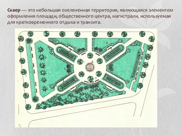 Сквер — это небольшая озелененная территория, являющаяся элементом оформления площади,