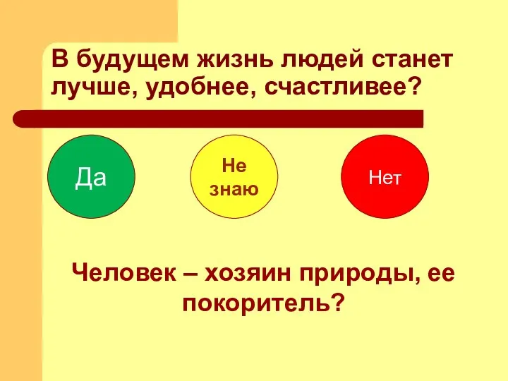 В будущем жизнь людей станет лучше, удобнее, счастливее? Да Не знаю Нет Человек