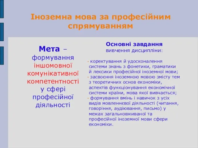 Іноземна мова за професійним спрямуванням Основні завдання вивчення дисципліни: коректування