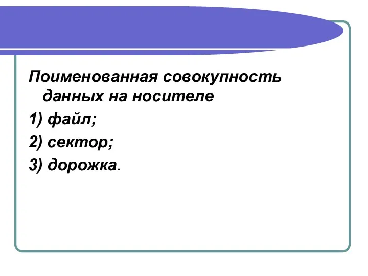 Поименованная совокупность данных на носителе 1) файл; 2) сектор; 3) дорожка.