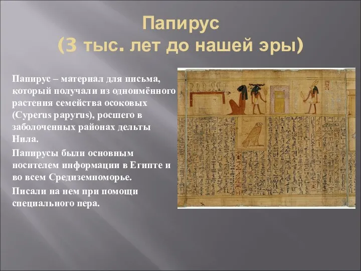 Папирус (3 тыс. лет до нашей эры) Папирус – материал для письма, который