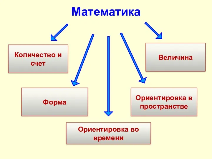 Математика Ориентировка во времени Количество и счет Величина Форма Ориентировка в пространстве