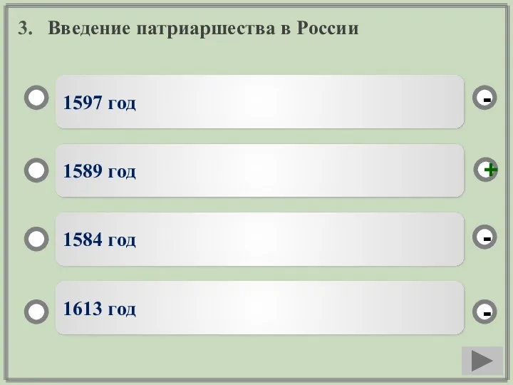 3. Введение патриаршества в России 1597 год 1589 год 1584 год 1613 год