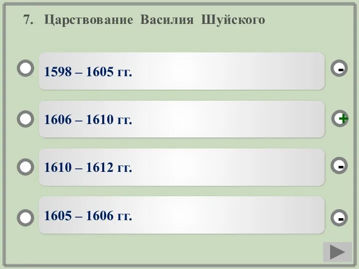 7. Царствование Василия Шуйского 1598 – 1605 гг. 1606 – 1610 гг. 1610