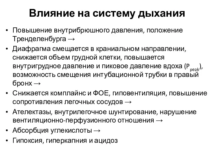 Влияние на систему дыхания Повышение внутрибрюшного давления, положение Тренделенбурга →