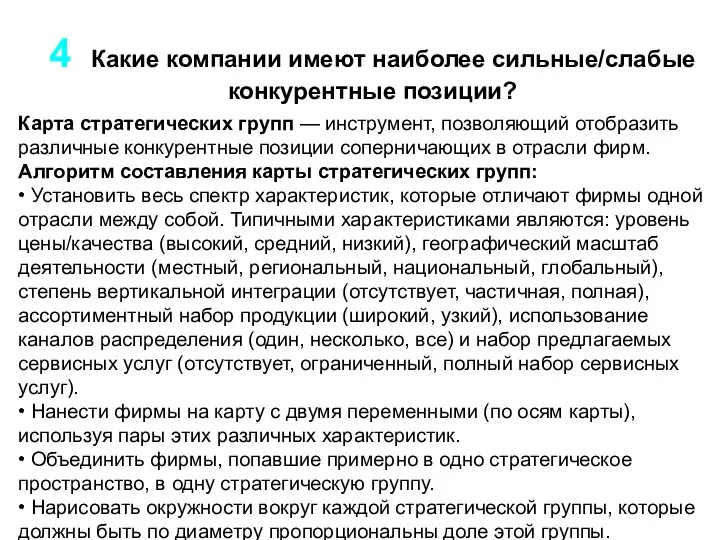 Карта стратегических групп — инструмент, позволяющий отобразить различные конкурентные позиции соперничающих в отрасли