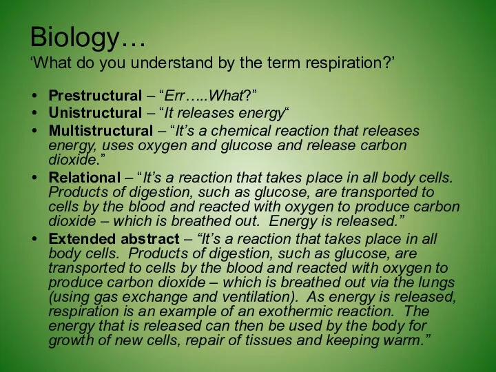 Biology… ‘What do you understand by the term respiration?’ Prestructural