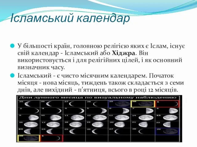 Ісламський календар У більшості країн, головною релігією яких є Іслам,