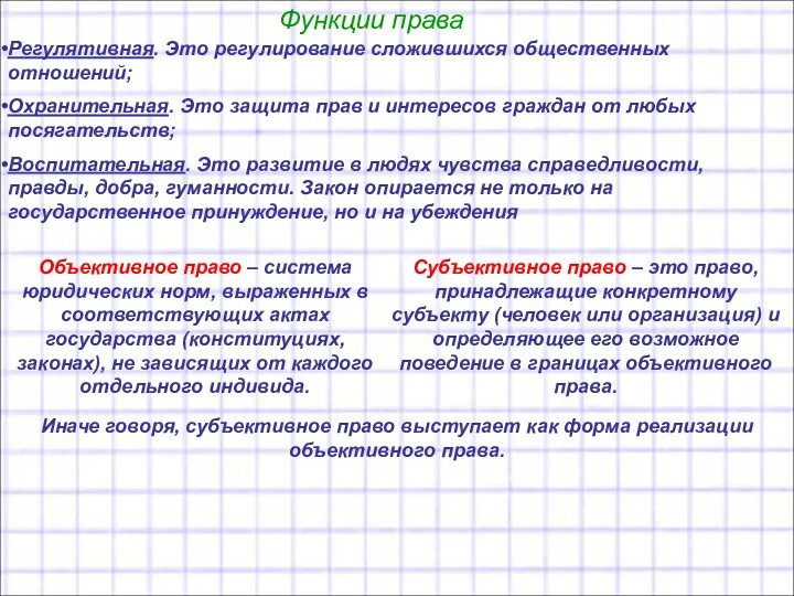 Функции права Регулятивная. Это регулирование сложившихся общественных отношений; Охранительная. Это