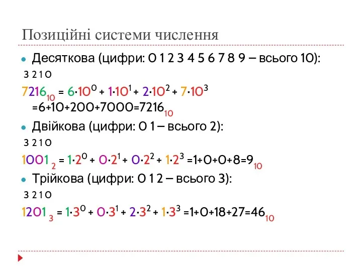 Позиційні системи числення Десяткова (цифри: 0 1 2 3 4