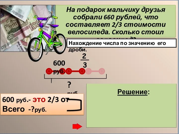 На подарок мальчику друзья собрали 660 рублей, что составляет 2/3 стоимости велосипеда. Cколько