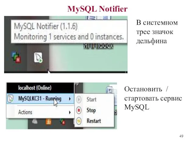 MySQL Notifier Остановить / стартовать сервис MySQL В системном трее значок дельфина