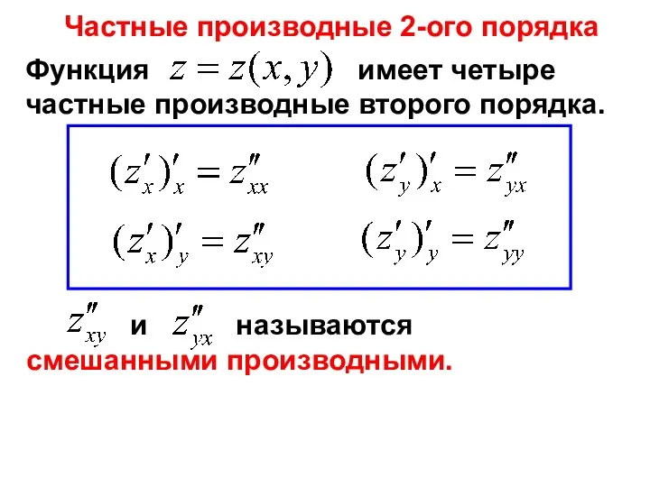 Функция имеет четыре частные производные второго порядка. Частные производные 2-ого порядка и называются смешанными производными.