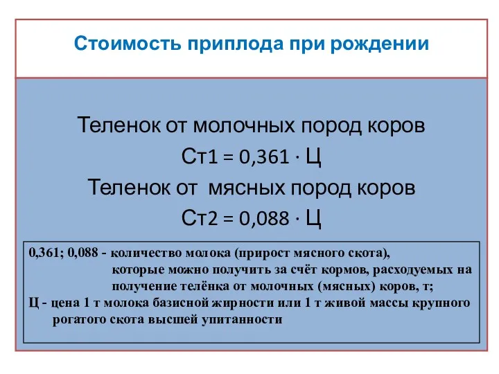 Стоимость приплода при рождении Теленок от молочных пород коров Ст1