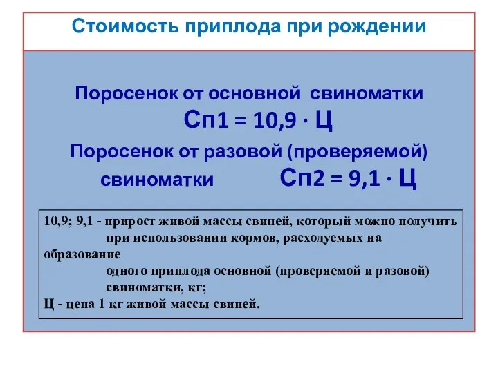 Стоимость приплода при рождении Поросенок от основной свиноматки Сп1 =