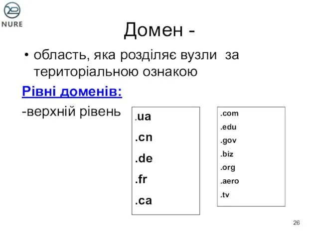 Домен - область, яка розділяє вузли за територіальною ознакою Рівні