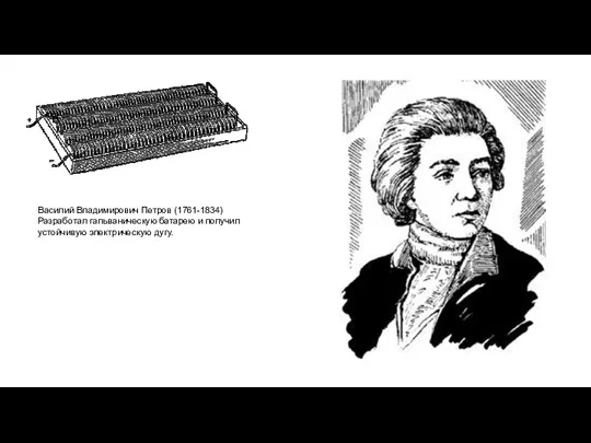 Василий Владимирович Петров (1761-1834) Разработал гальваническую батарею и получил устойчивую электрическую дугу.