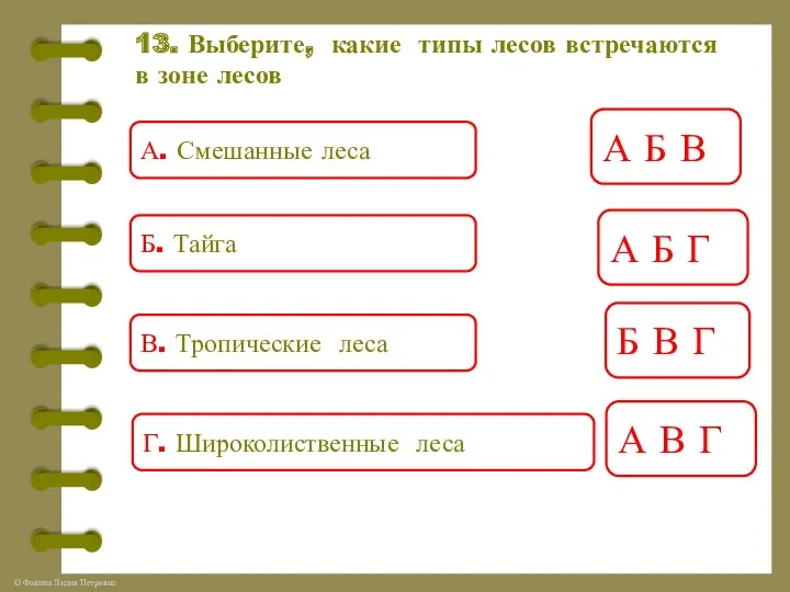 13. Выберите, какие типы лесов встречаются в зоне лесов А.