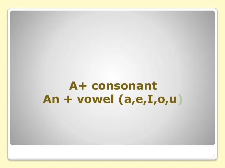 A+ consonant An + vowel (a,e,I,o,u)