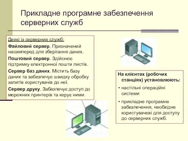 Прикладне програмне забезпечення серверних служб Деякі із серверних служб: Файловий сервер. Призначений насамперед