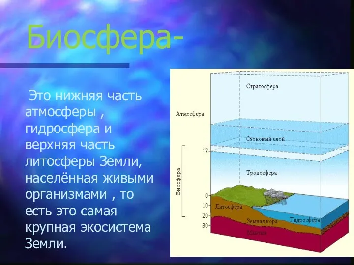 Биосфера- Это нижняя часть атмосферы , гидросфера и верхняя часть