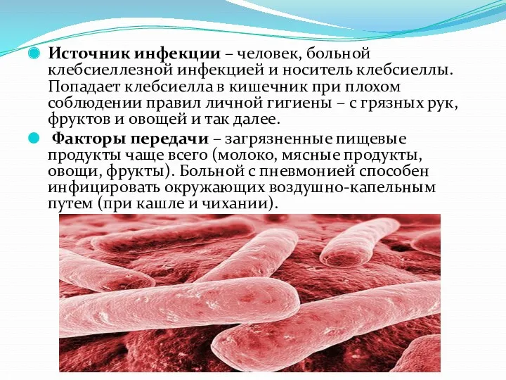 Источник инфекции – человек, больной клебсиеллезной инфекцией и носитель клебсиеллы.