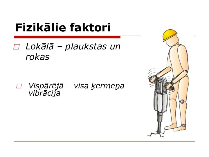 Fizikālie faktori Lokālā – plaukstas un rokas Vispārējā – visa ķermeņa vibrācija