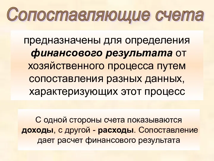 предназначены для определения финансового результата от хозяйственного процесса путем сопоставления