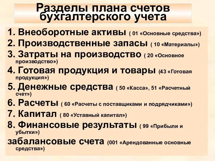 Разделы плана счетов бухгалтерского учета 1. Внеоборотные активы ( 01