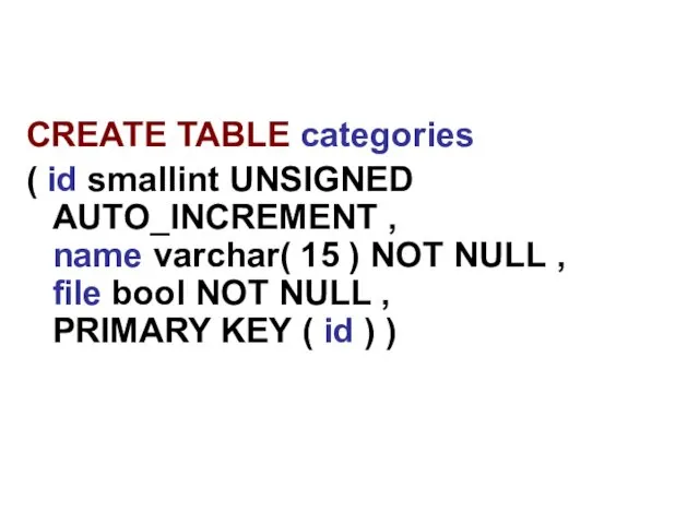 CREATE TABLE categories ( id smallint UNSIGNED AUTO_INCREMENT , name