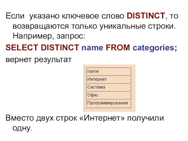Если указано ключевое слово DISTINCT, то возвращаются только уникальные строки.