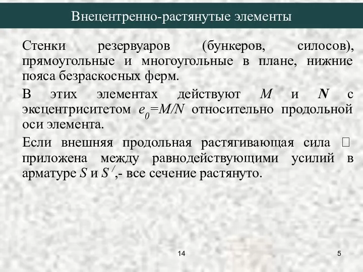 Внецентренно-растянутые элементы Стенки резервуаров (бункеров, силосов), прямоугольные и многоугольные в