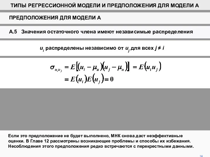 Если это предположение не будет выполнено, МНК снова даст неэффективные оценки. В Главе