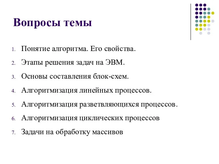 Вопросы темы Понятие алгоритма. Его свойства. Этапы решения задач на