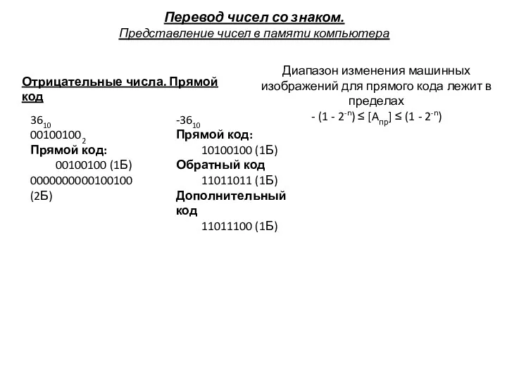 Перевод чисел со знаком. Представление чисел в памяти компьютера Отрицательные