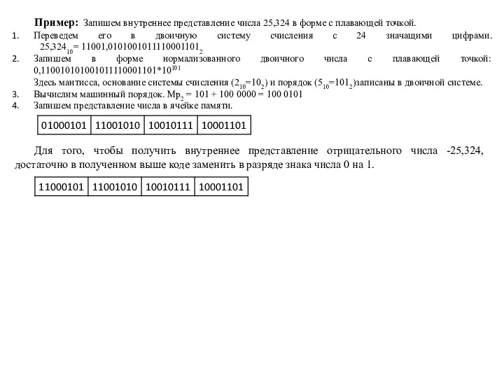 Пример: Запишем внутреннее представление числа 25,324 в форме с плавающей