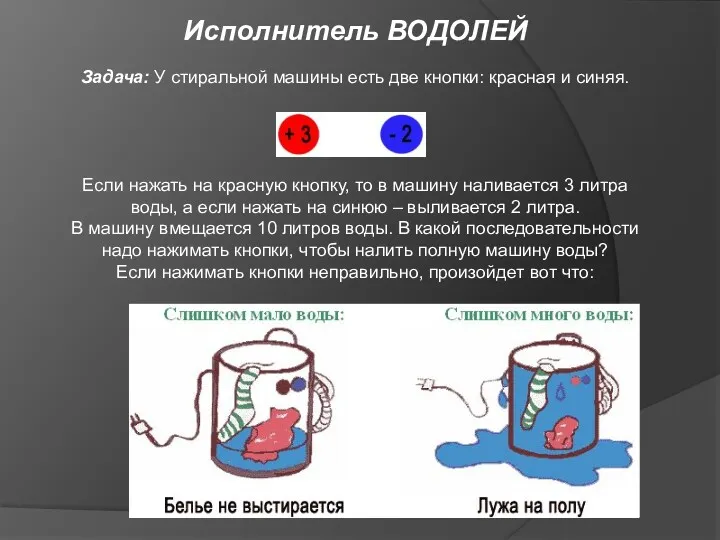 Исполнитель ВОДОЛЕЙ Задача: У стиральной машины есть две кнопки: красная